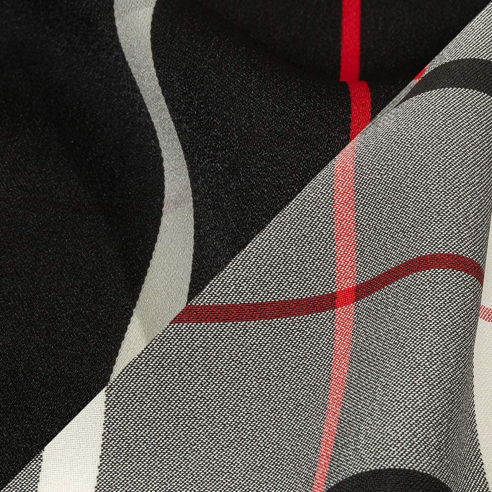 Balenciaga Italian Star White, Red and Black Checked and Striped Double Face Fluid Viscose Crepe Back Twill - Joann Fabrics