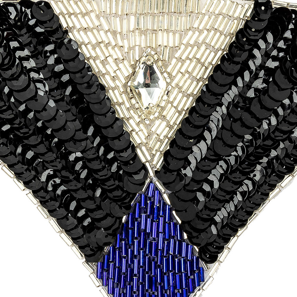 Vintage Black Sequins and Silver and Blue Beaded Applique with Diamond-shaped Crystal Center - 4.375