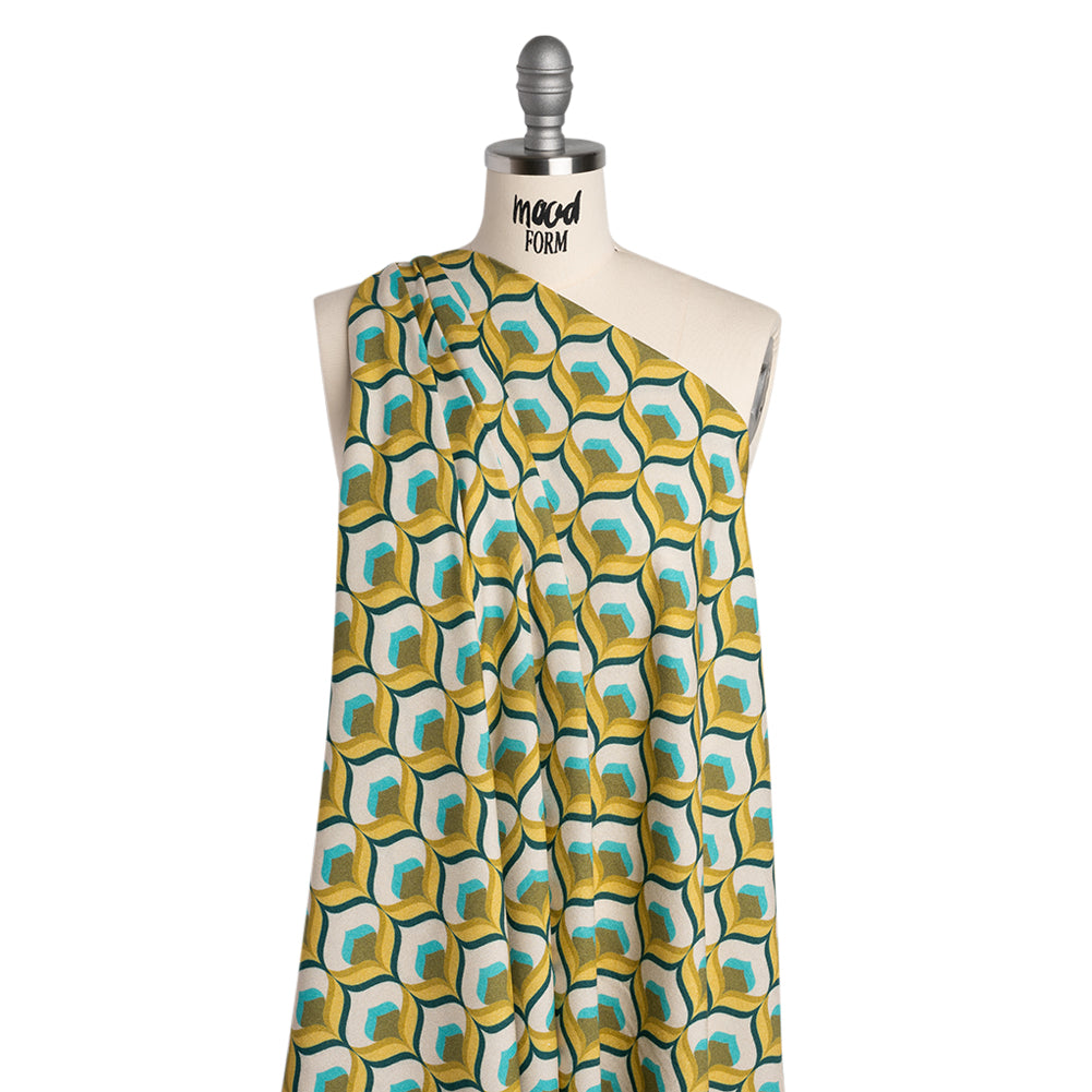 Viscose Crepe - Yellow, Turquoise and Cream Retro Ogees - Mood Exclusive Botanical Breeze Print - Joann Fabrics