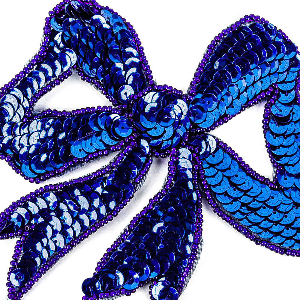 Vintage Royal Blue Sequins Bow Applique with Beaded Outline - 4.375