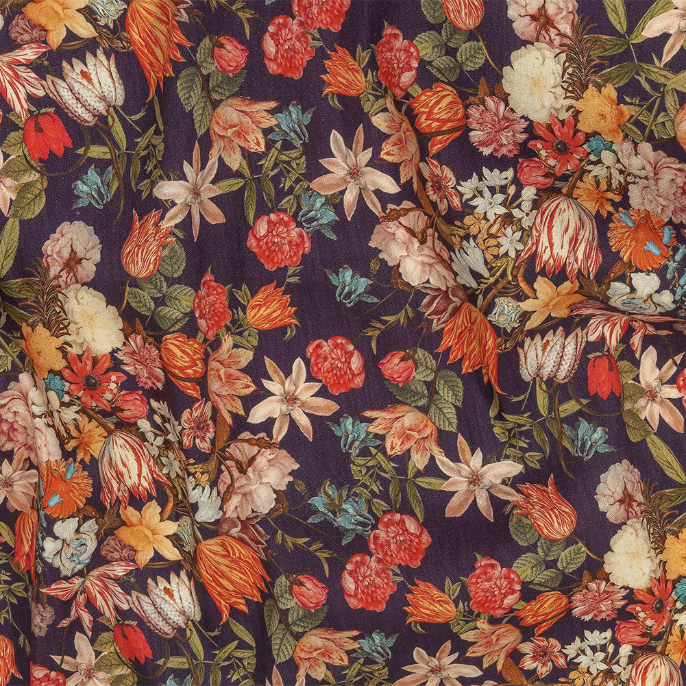 Red, Orange and Eggplant Bouquets Stretch Linen and Rayon Woven - Joann Fabrics
