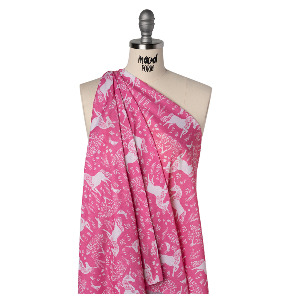 Recycled Polyester Jersey - Pink and White Unicorn Woodland - Deadstock - Joann Fabrics