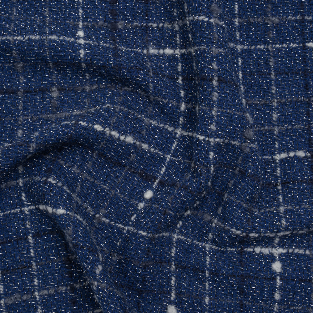 Metallic Wool Blend Tweedy Twill Boucle Made in Italy - Cobalt Blue, White and Silver Plaid - Deadstock - Joann Fabrics
