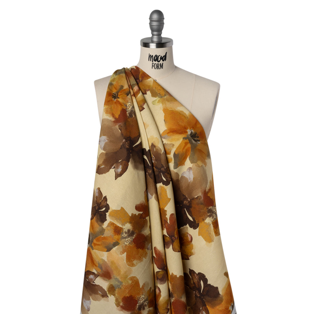 Linen and Rayon Woven - Pale Yellow, Burnt Orange and Brick Painterly Florals - Mood Exclusive Sunwashed Serenade Print - Joann Fabrics