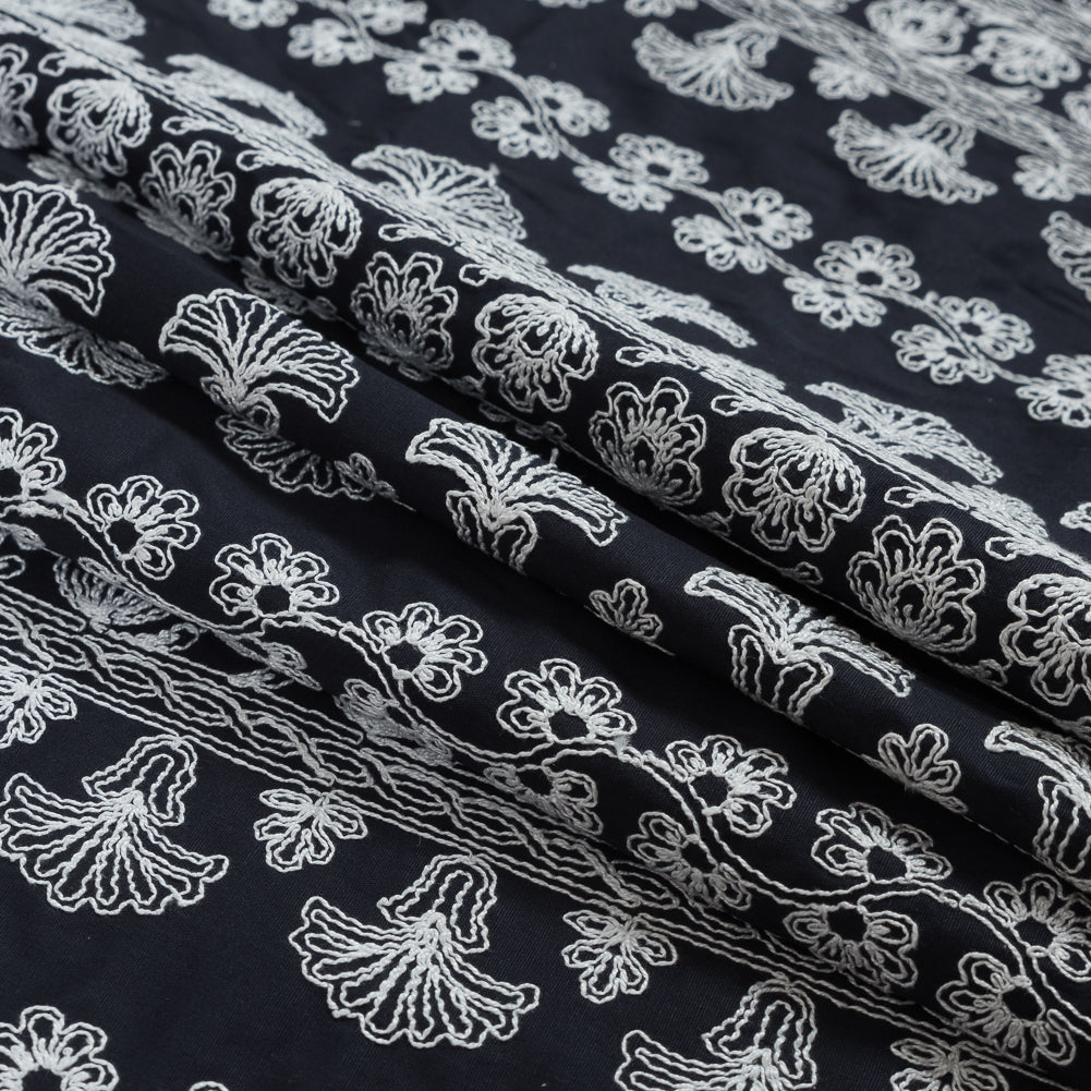 Navy Waxed Cotton Faille with White Floral Embroidery - Joann Fabrics