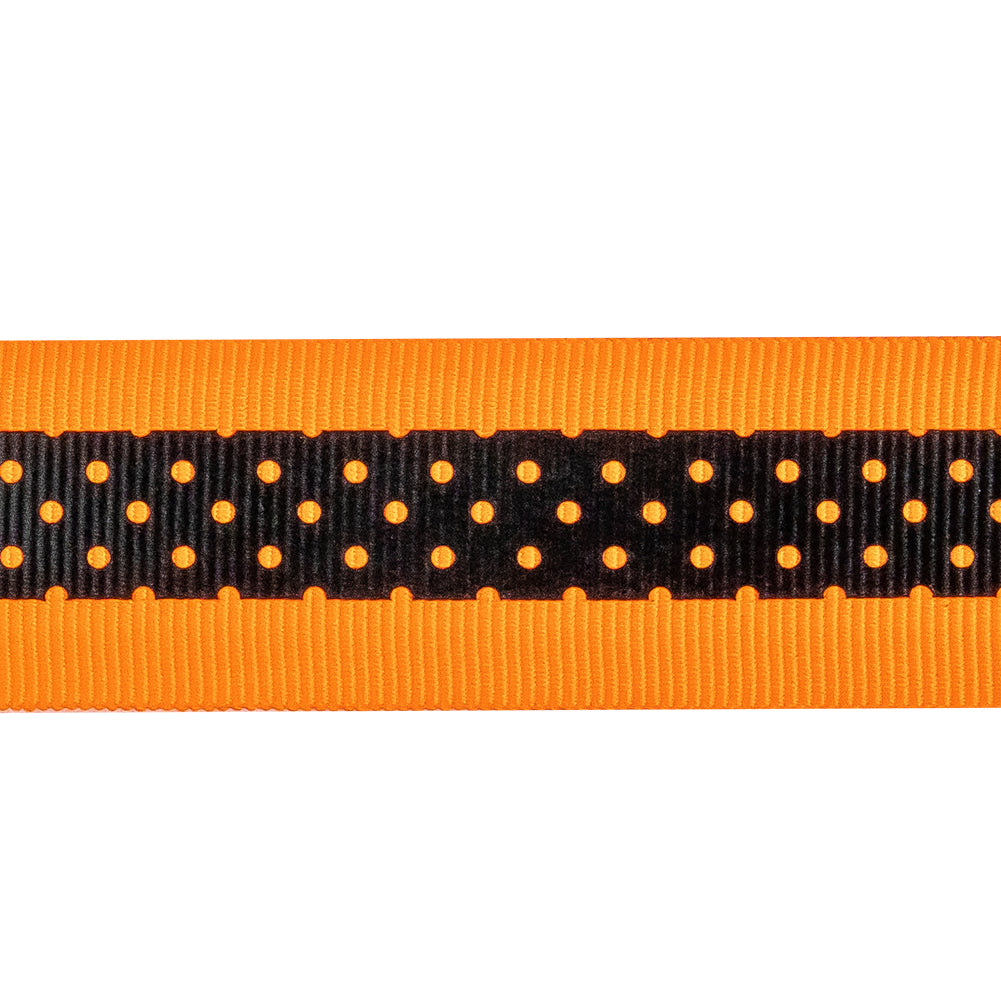 Italian Neon Orange and Black Polka Dot Striped Petersham Grosgrain Ribbon - 1