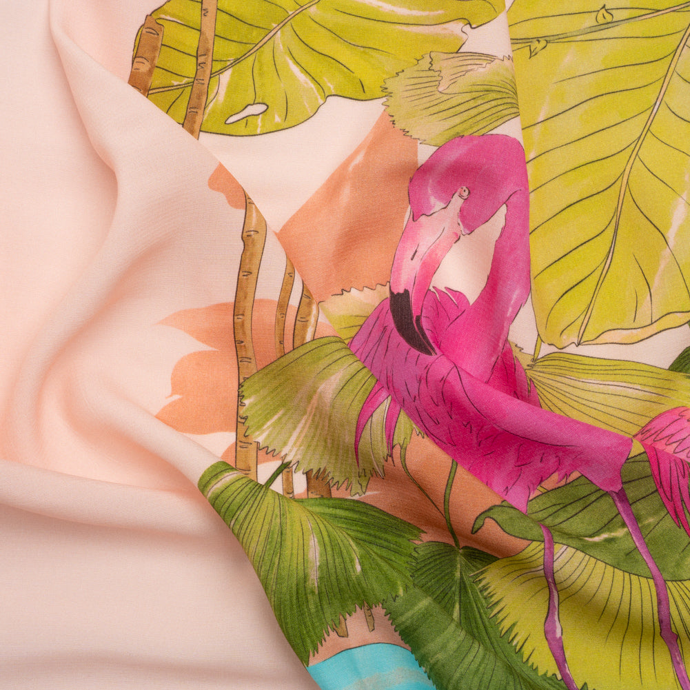 Sustainable Viscose Woven Print - Peach Flamingos and Leaves - Mood Exclusive Forever Everglades - Joann Fabrics