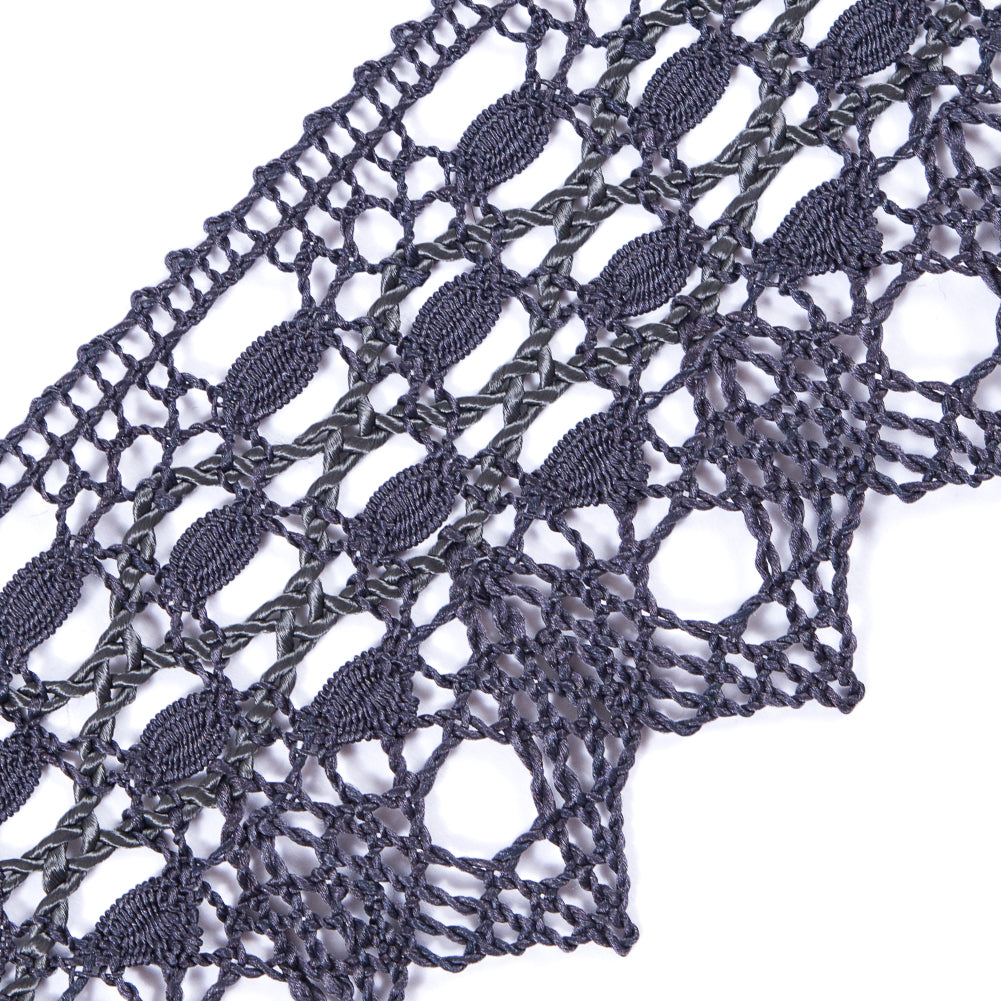 European Gray Scalloped Crochet Lace Trim with Satin Ribbon Detail - 2