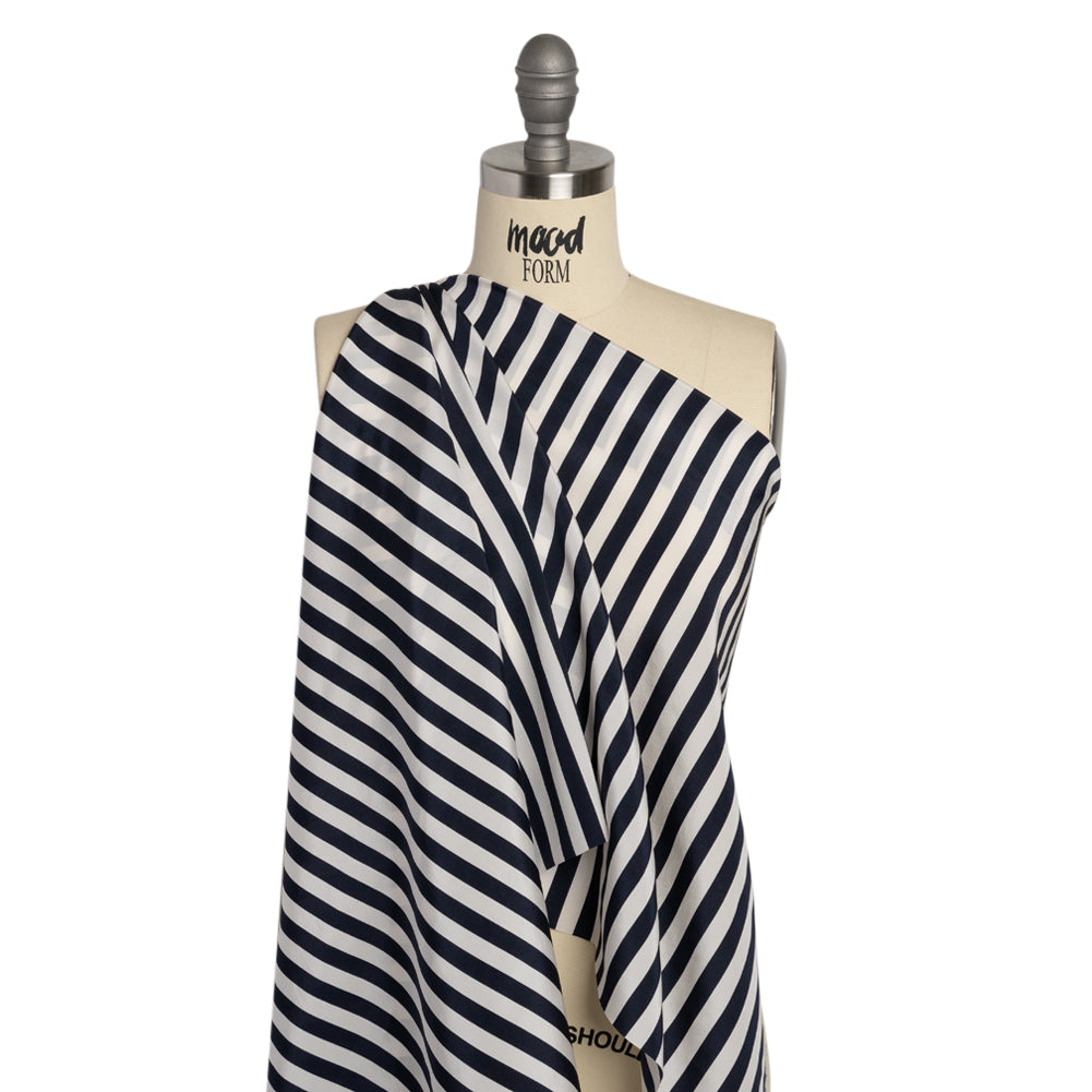 Famous Australian Designer Navy and White Striped Stretch Silk Crepe de Chine - Joann Fabrics