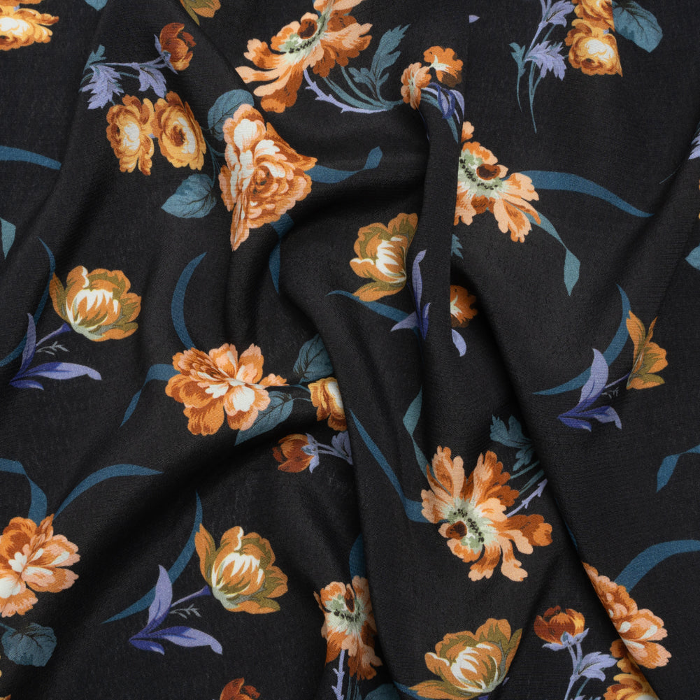 Viscose Crepe Print - Navy and Orange Floral - Mood Exclusive Chivalrous Designs - Joann Fabrics
