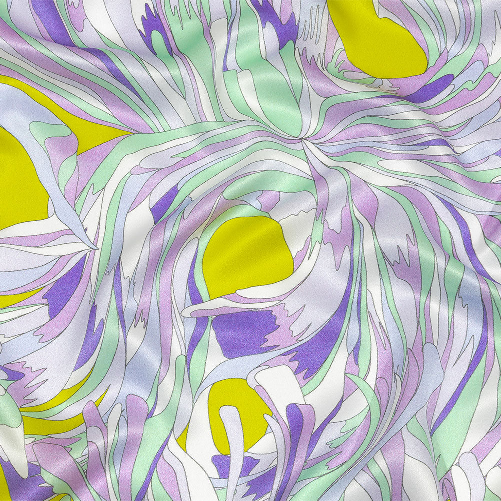 Italian Lavender, Seafoam and Yellow Feathered Flowers Silk Charmeuse - Joann Fabrics