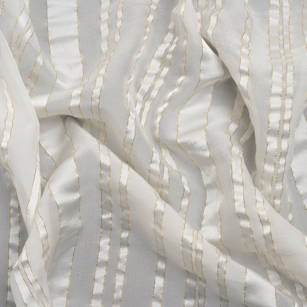 Famous Australian Designer White and Metallic Gold Satin Burnout Stripes Silk Woven - Joann Fabrics