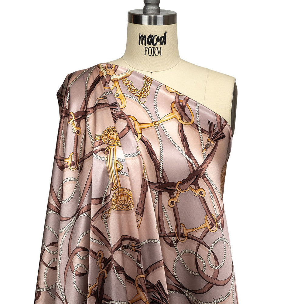 Mood Exclusive Italian Beige, Taupe and Gold Bridles and Reins Silk Charmeuse Panel - Joann Fabrics