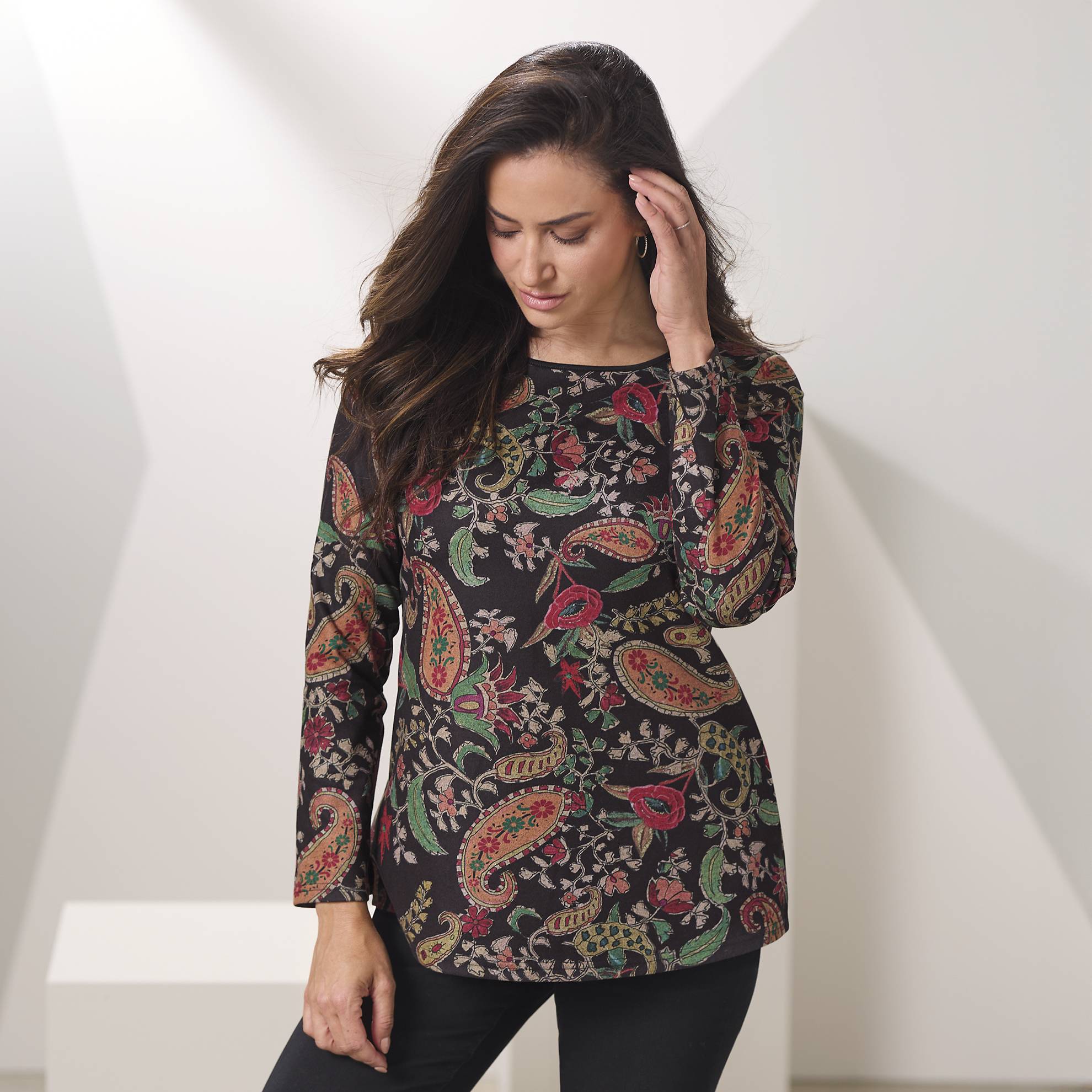 Brushed Paisley Tunic, Long Sleeves, Side Slits - Northstyle Catalog