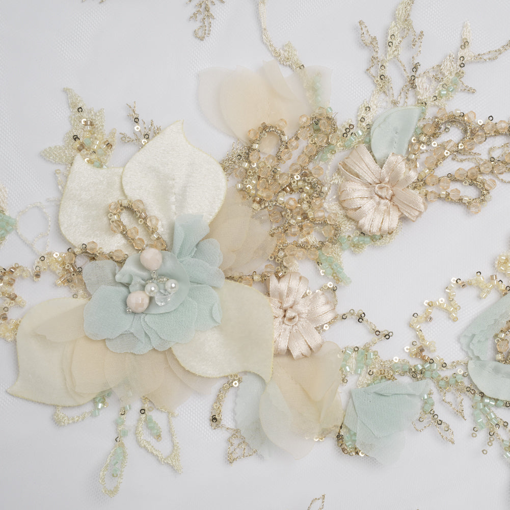 Embroidered and Beaded Tulle with 3D Fabric Flowers - Light Lemon, Cream and Pale Blue Floral - Joann Fabrics