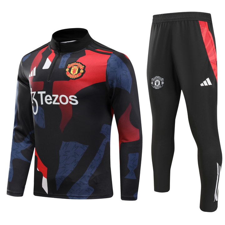 2024/2025 Manchester United Half-Pull Training Suit Red blue and black print Football Shirt 1:1 Thai Quality Set