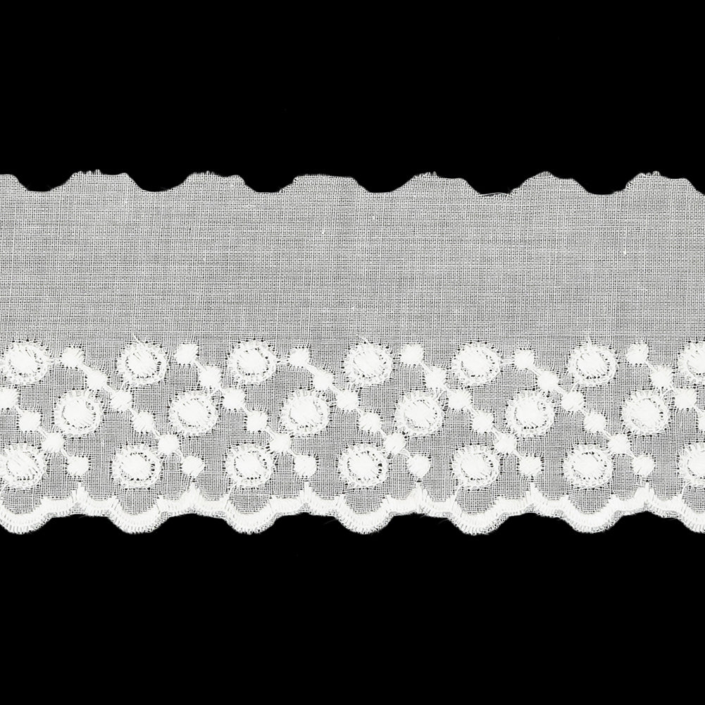 White Three-Row Dots Cotton Embroidered Lace Trim with Finished Scalloped Edge - 1.75