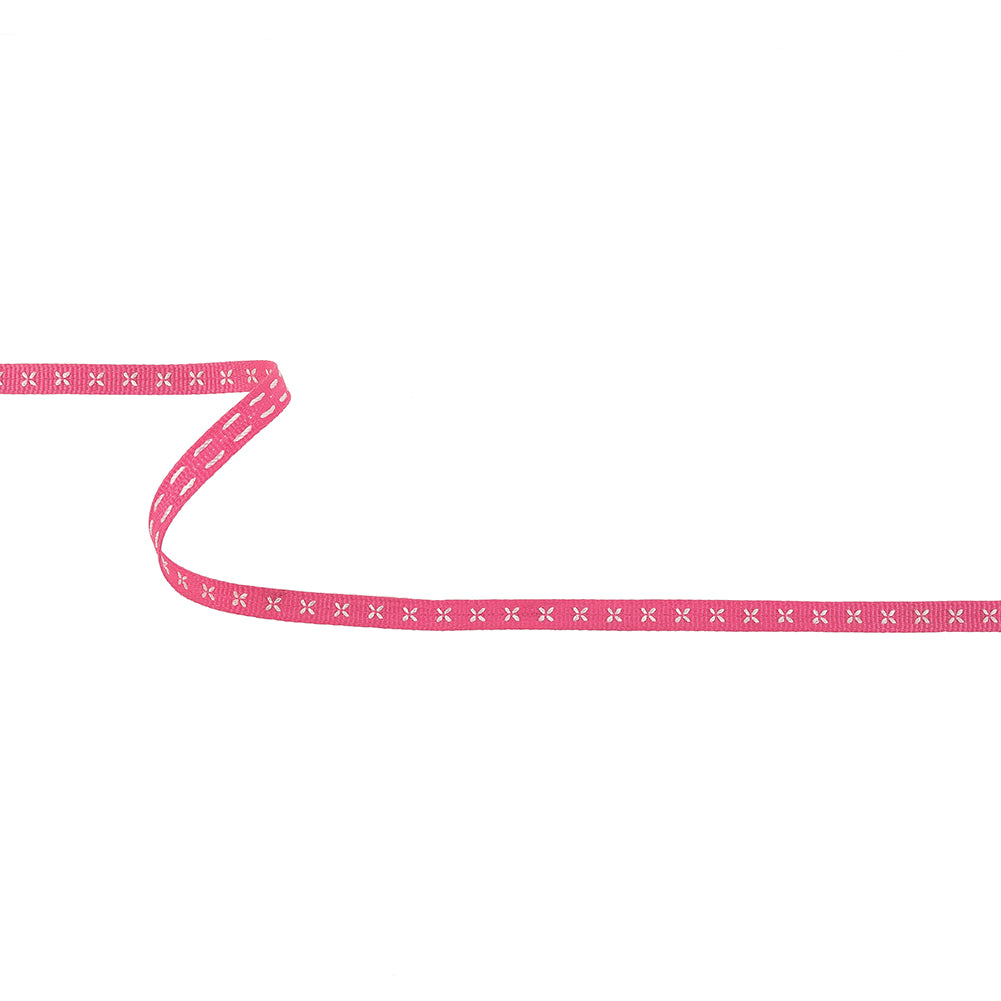 Pink Grosgrain Ribbon with Blanc de Blanc Stitched Flowers - 0.25