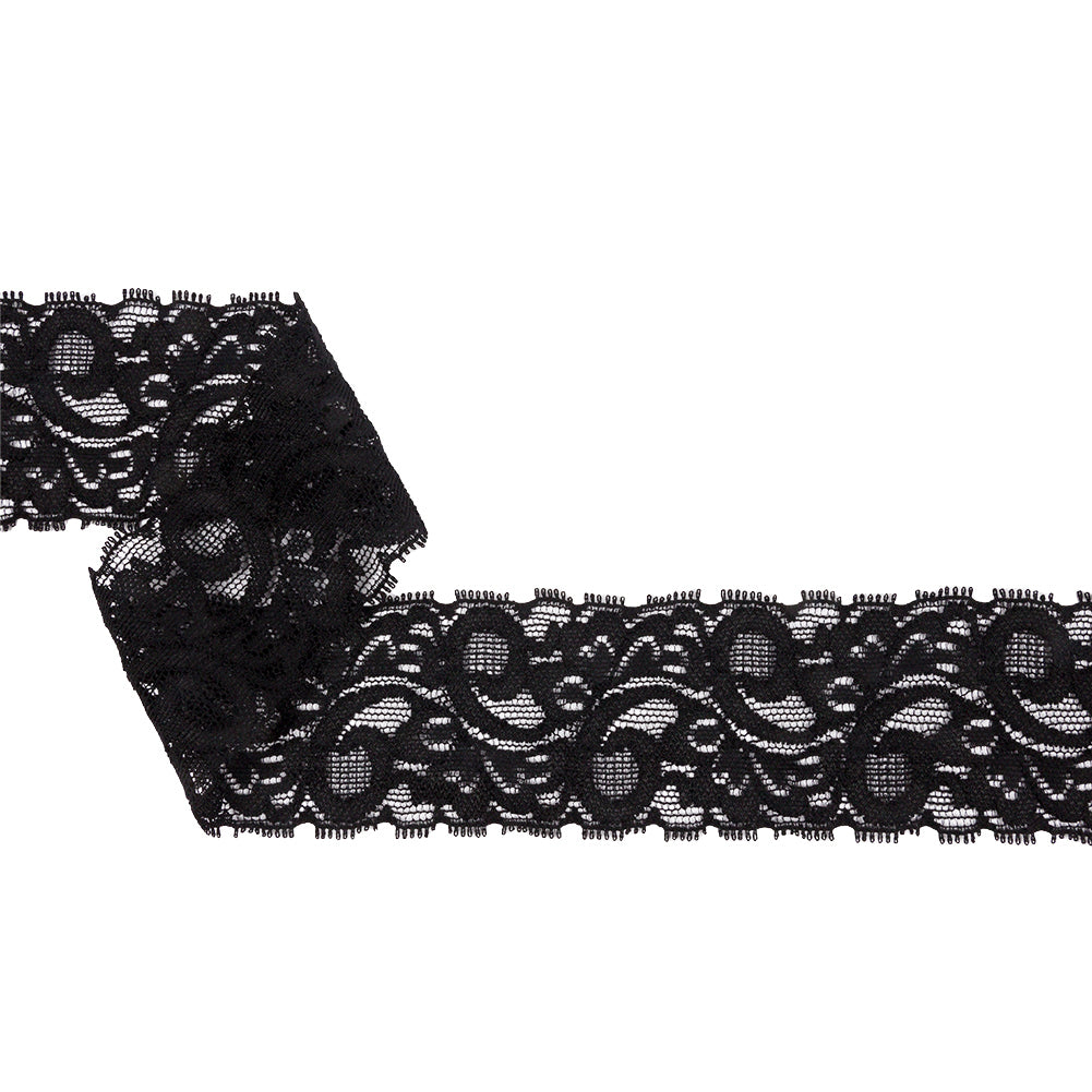 Famous NYC Designer Black Swirls and Leaves Stretch Lace Trim - 1.75