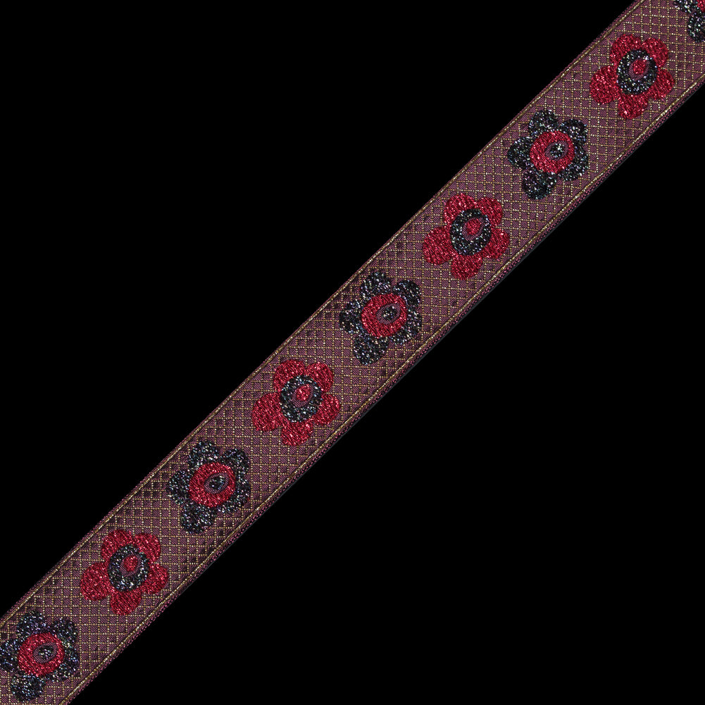 Red and Iridescent Metallic Floral Jacquard Ribbon - 1.25