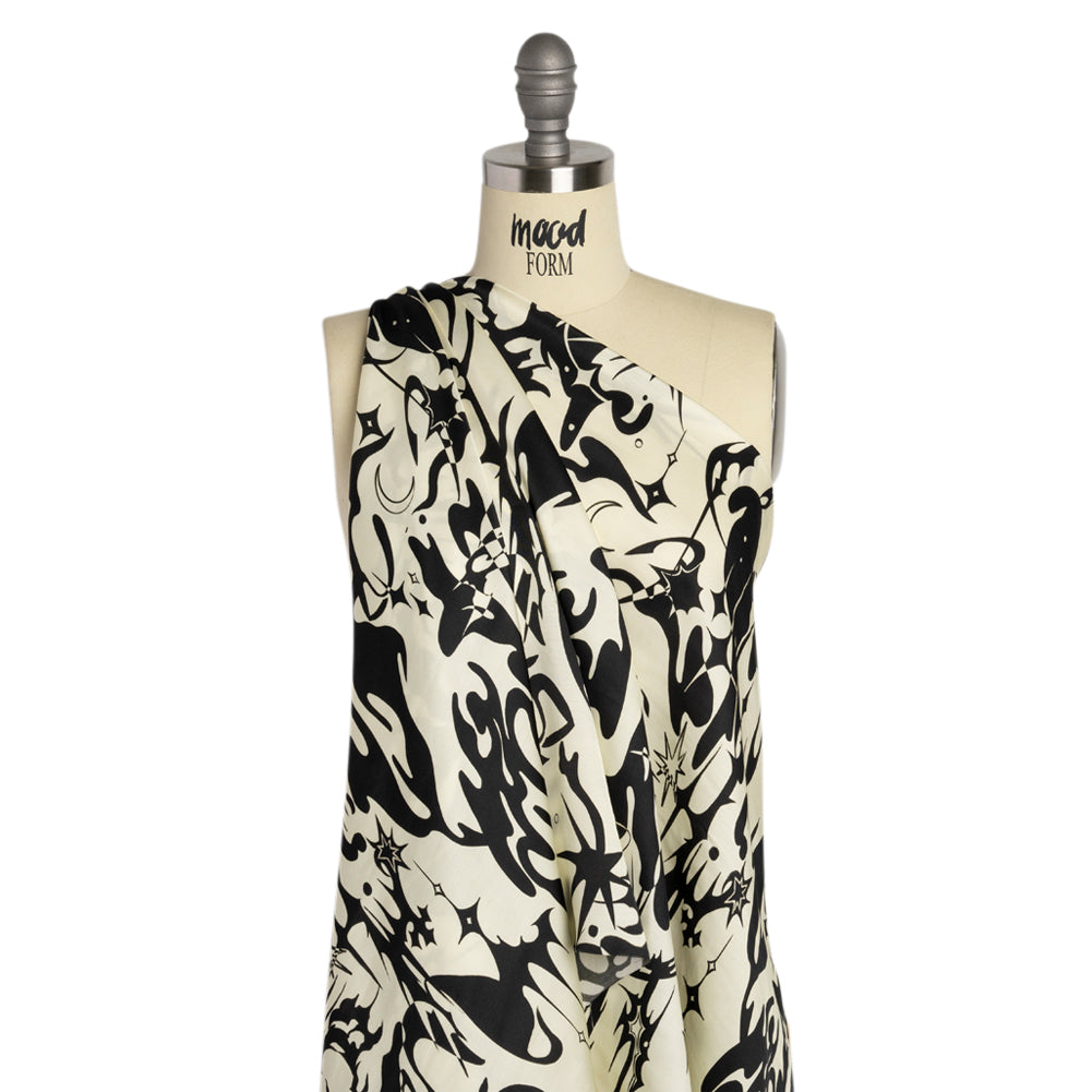 Sustainable and Recycled Viscose Satin Print - Cream and Black Abstract and Stars - Mood Exclusive Cosmic Chaos - Joann Fabrics