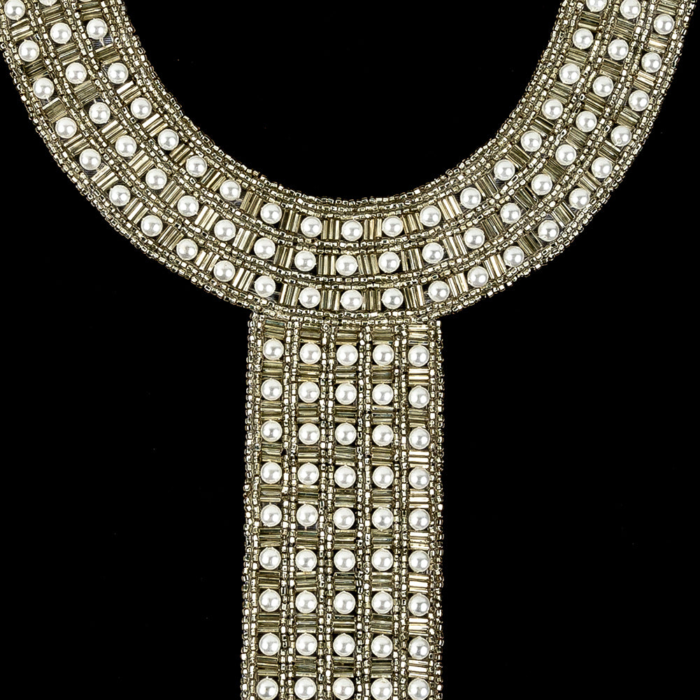 Vintage Fancy Pearl and Silver-lined Beaded Neckline Applique - 13