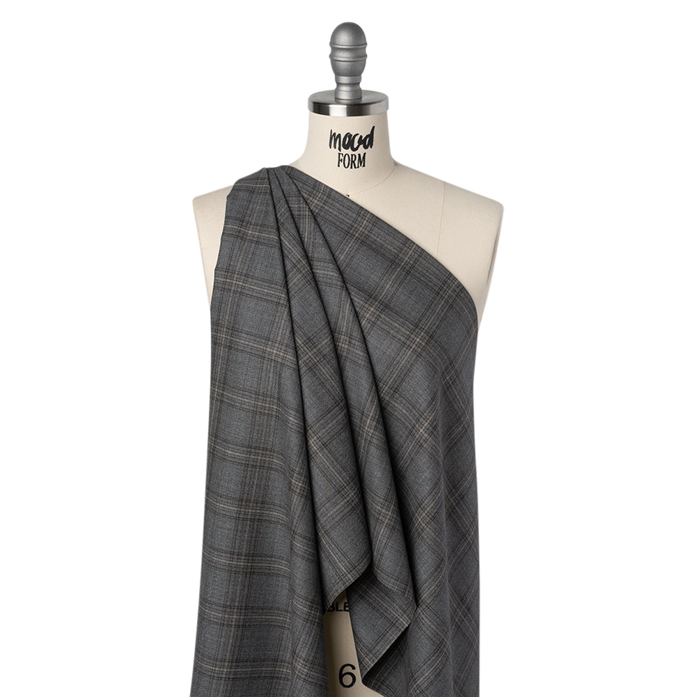 Wool Suiting Made in Italy - Gray, Charcoal and Brown Plaid - Deadstock - Joann Fabrics