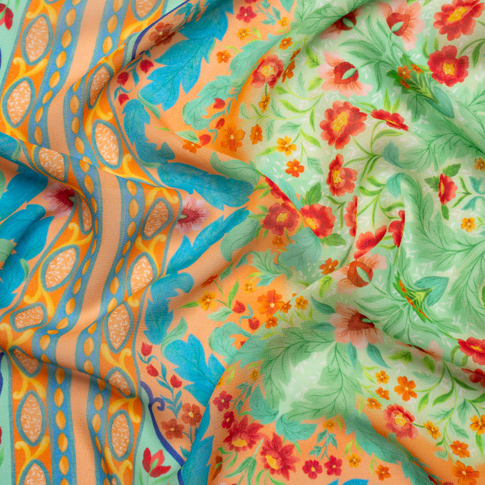Viscose Georgette Panel - Blue, Green and Orange Floral Squares - Mood Exclusive Waltz of the Flowers Print - Joann Fabrics