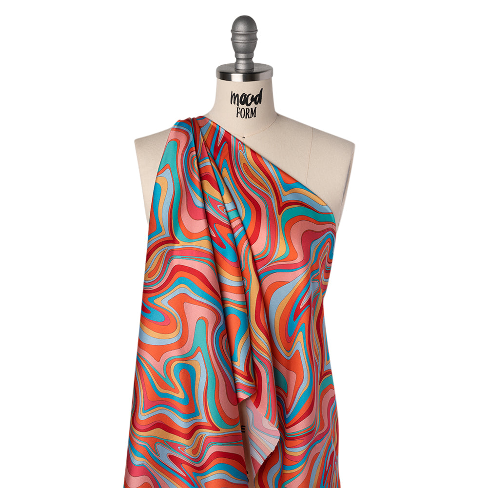 Silk Charmeuse Print 16MM, Made in Italy - Orange, Red and Blue Retro Swirls - Joann Fabrics