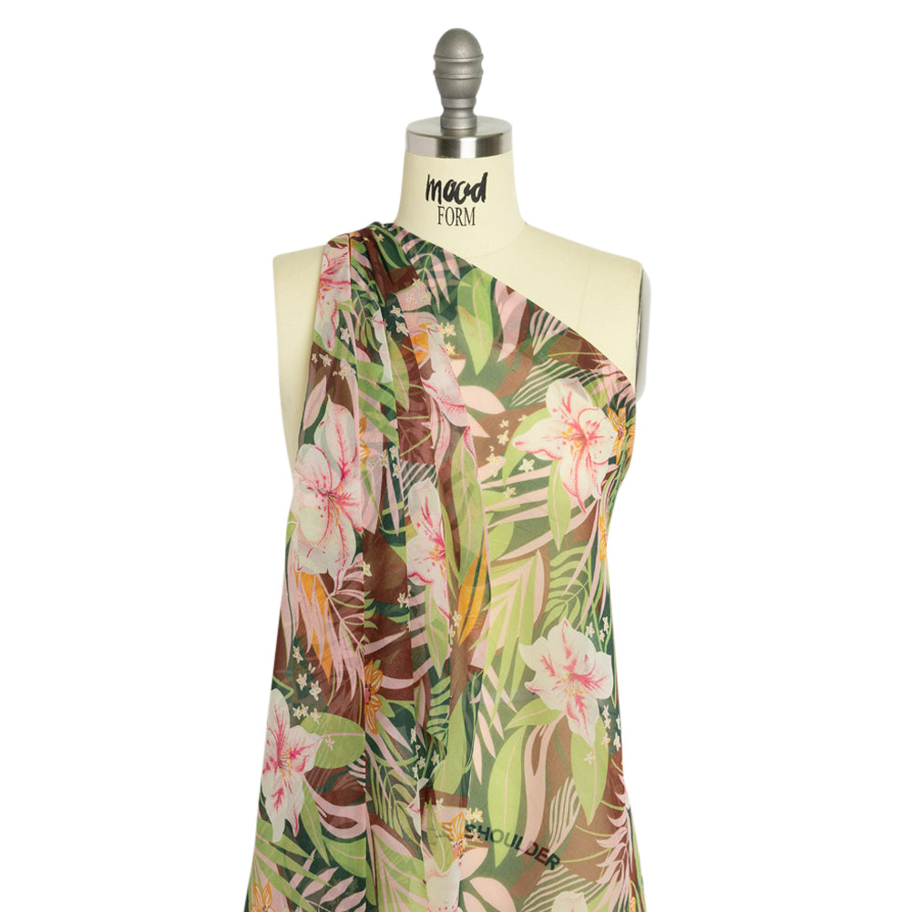 Green, Brown and Pink Tropical Flora Silk Chiffon - Joann Fabrics