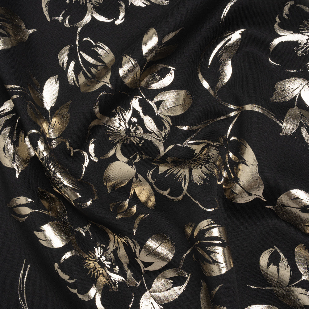 Metallic Stretch Polyester Scuba Knit Print - Black and Gold Floral - Designer Deadstock - Joann Fabrics