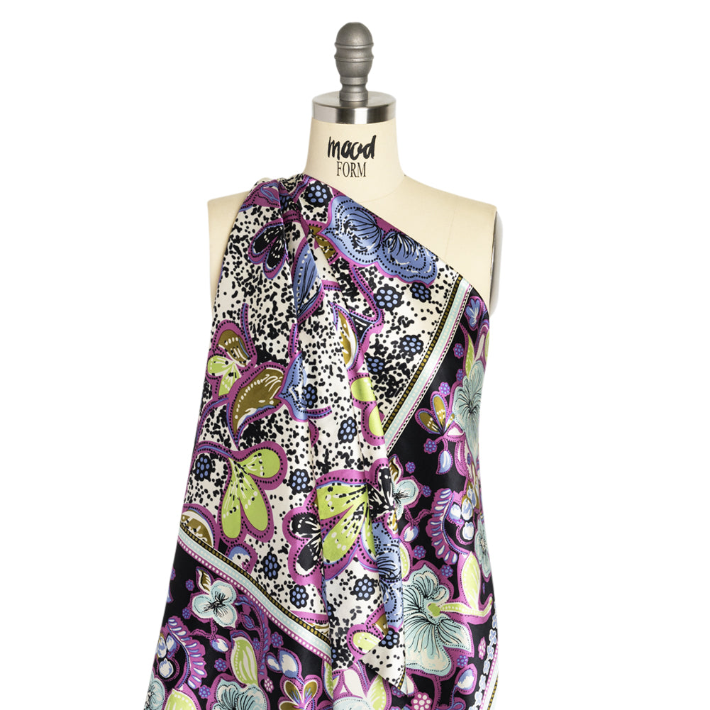 Magenta, Sky Blue and Black Floral Stripes Silk Charmeuse - Joann Fabrics