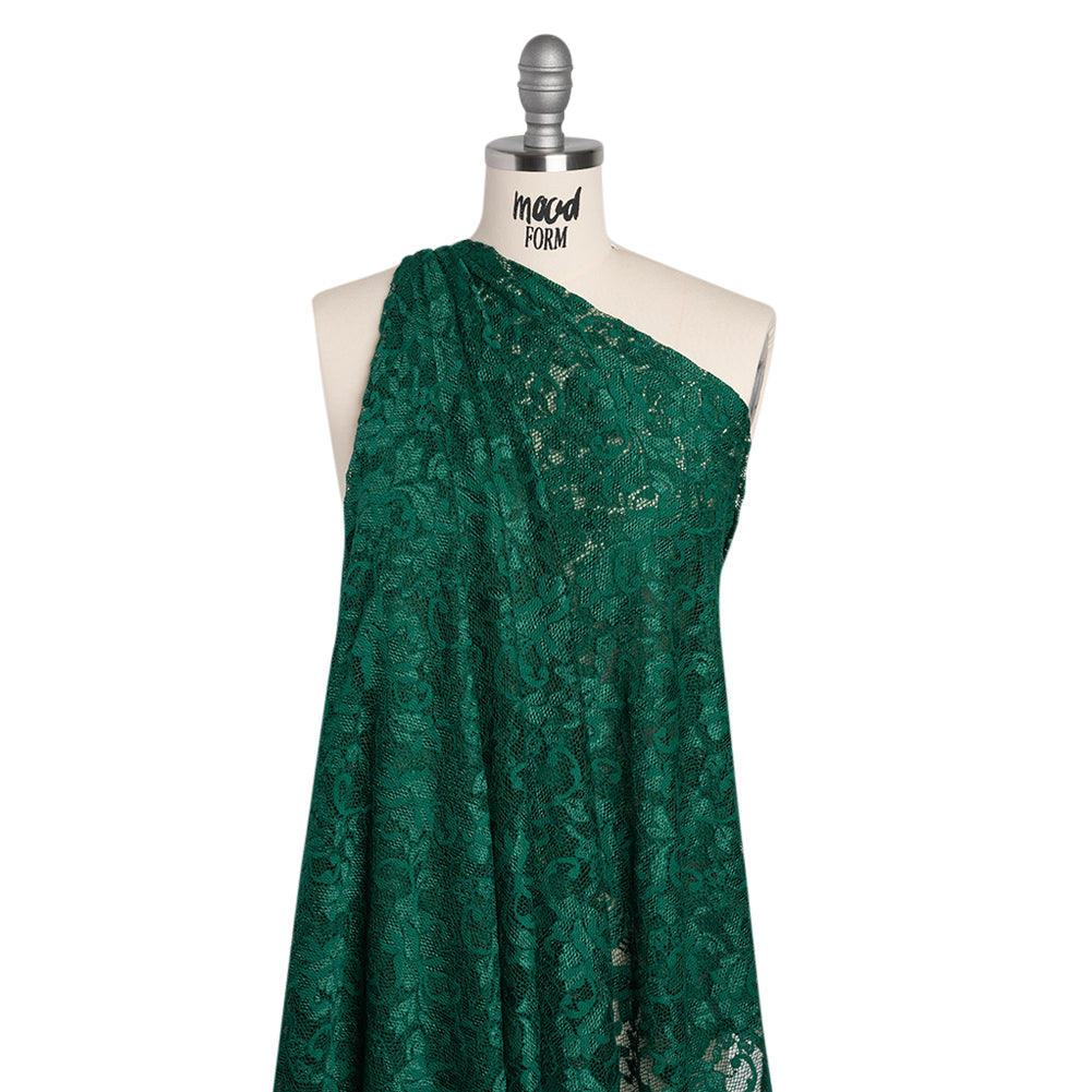 Stretch Raschel Lace with Finished Scalloped Edges - Luminous Jungle Green Flowers, Leaves and Swirls - Crina Collection - Joann Fabrics