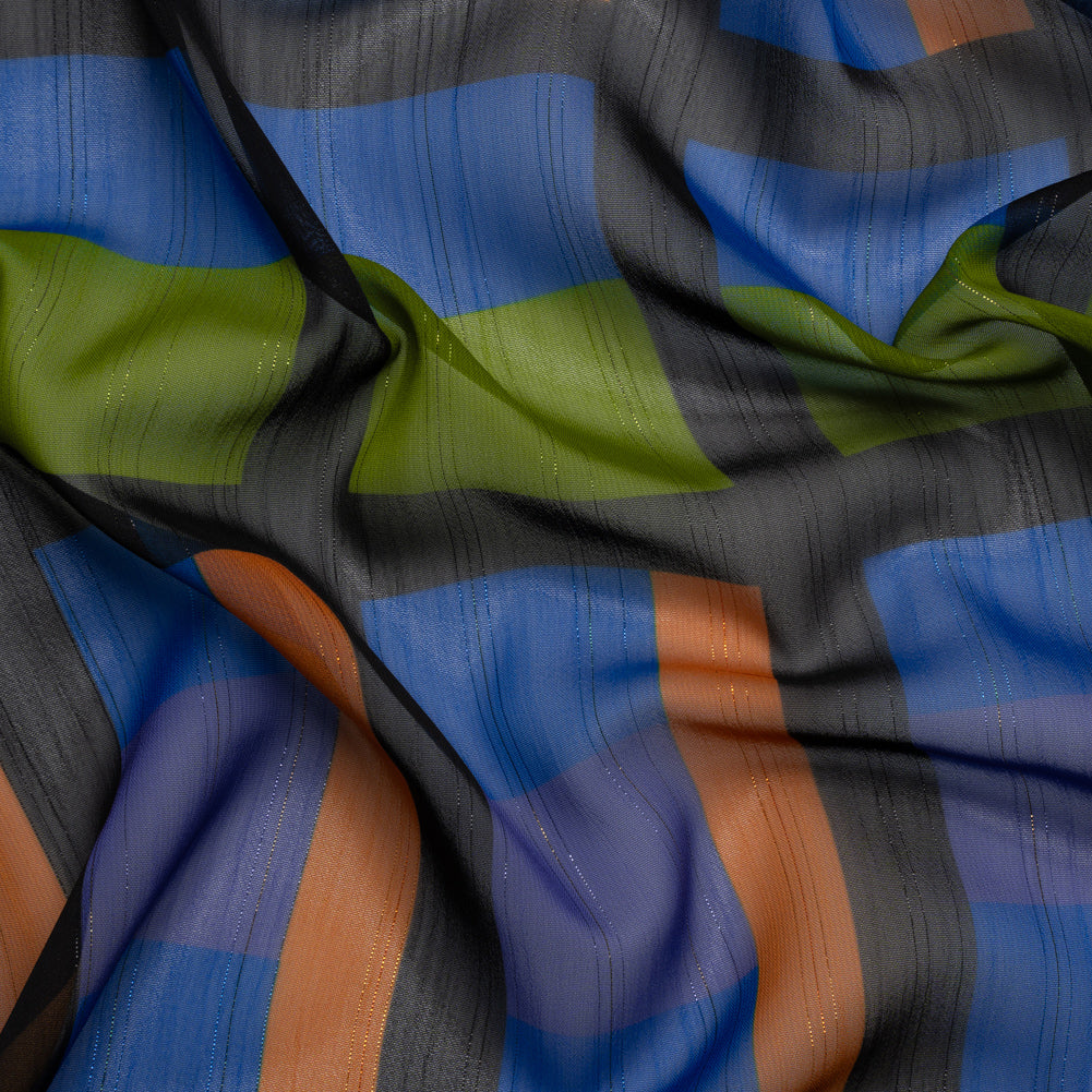Polyester Chiffon Print with Metallic Pinstripes - Green, Orange and Blue Geometric - Mood Exclusive Through the Window - Joann Fabrics