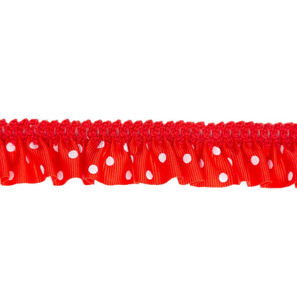 European Red and White Polka Dot Ruffled Stretch Grosgrain .875