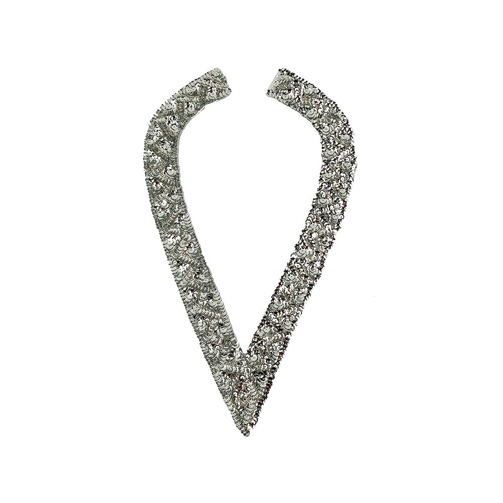 Vintage Silver Sequins and Beaded Pointy Collar Applique - 15
