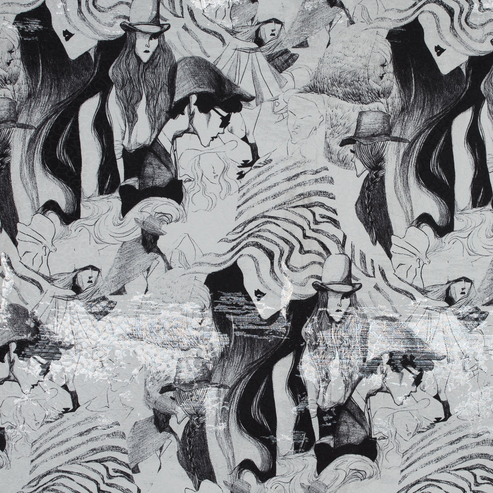 Metallic Silver Abstract Jacquard with Black and White Fashion Sketch Print - Joann Fabrics