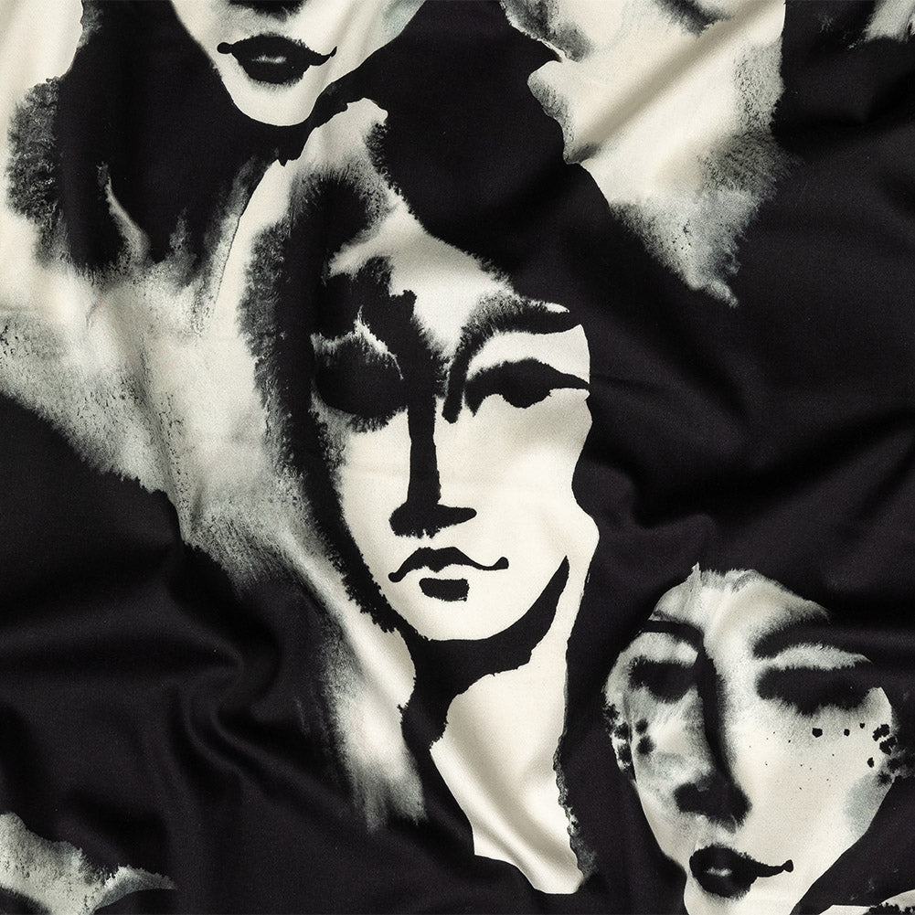 Stretch Cotton Sateen - Black and White Ghostly Faces - Unearthly Portrait Print - Mood Exclusive Twilight Collection - Joann Fabrics
