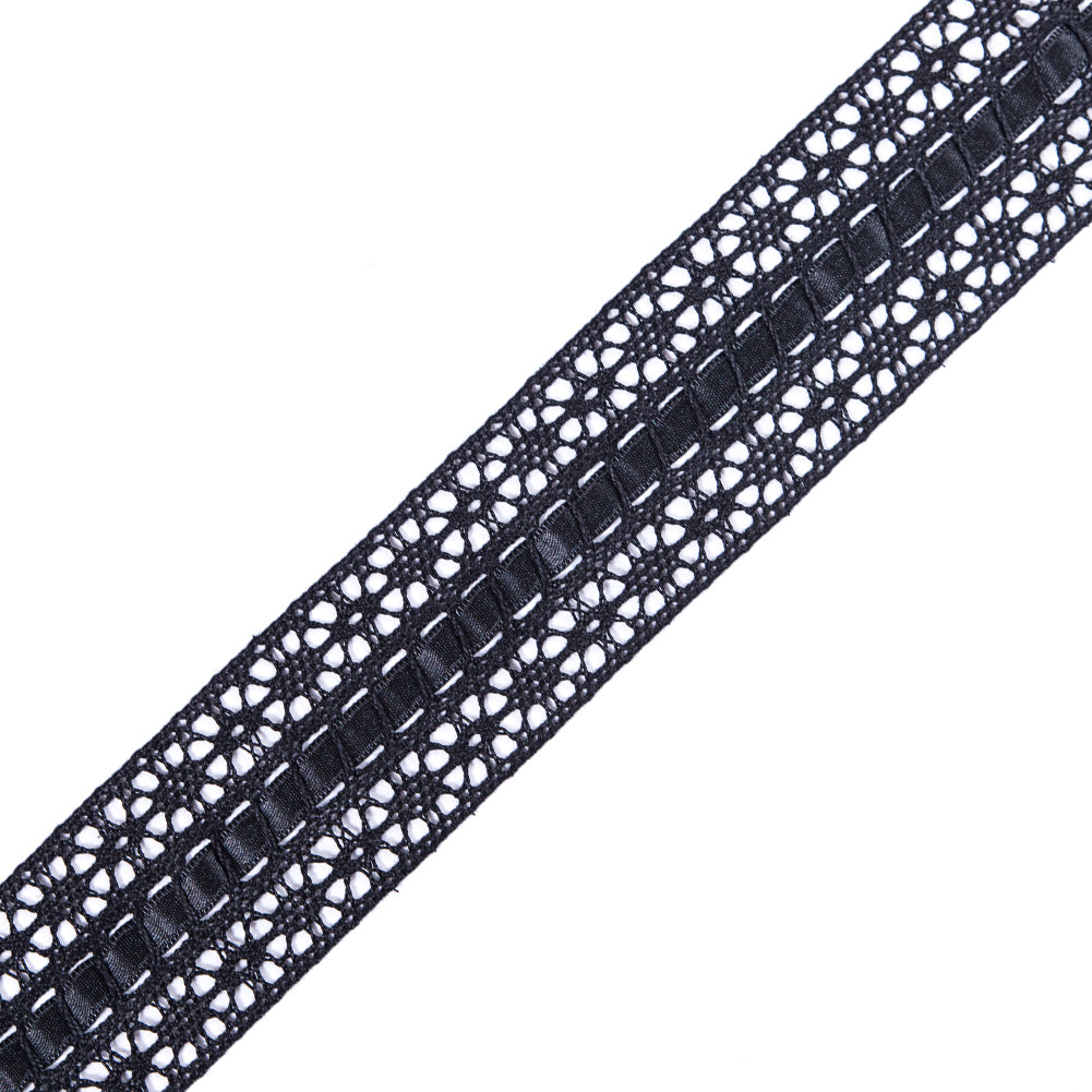 European Black Crochet Trim with Satin Ribbon Detail - 1.5