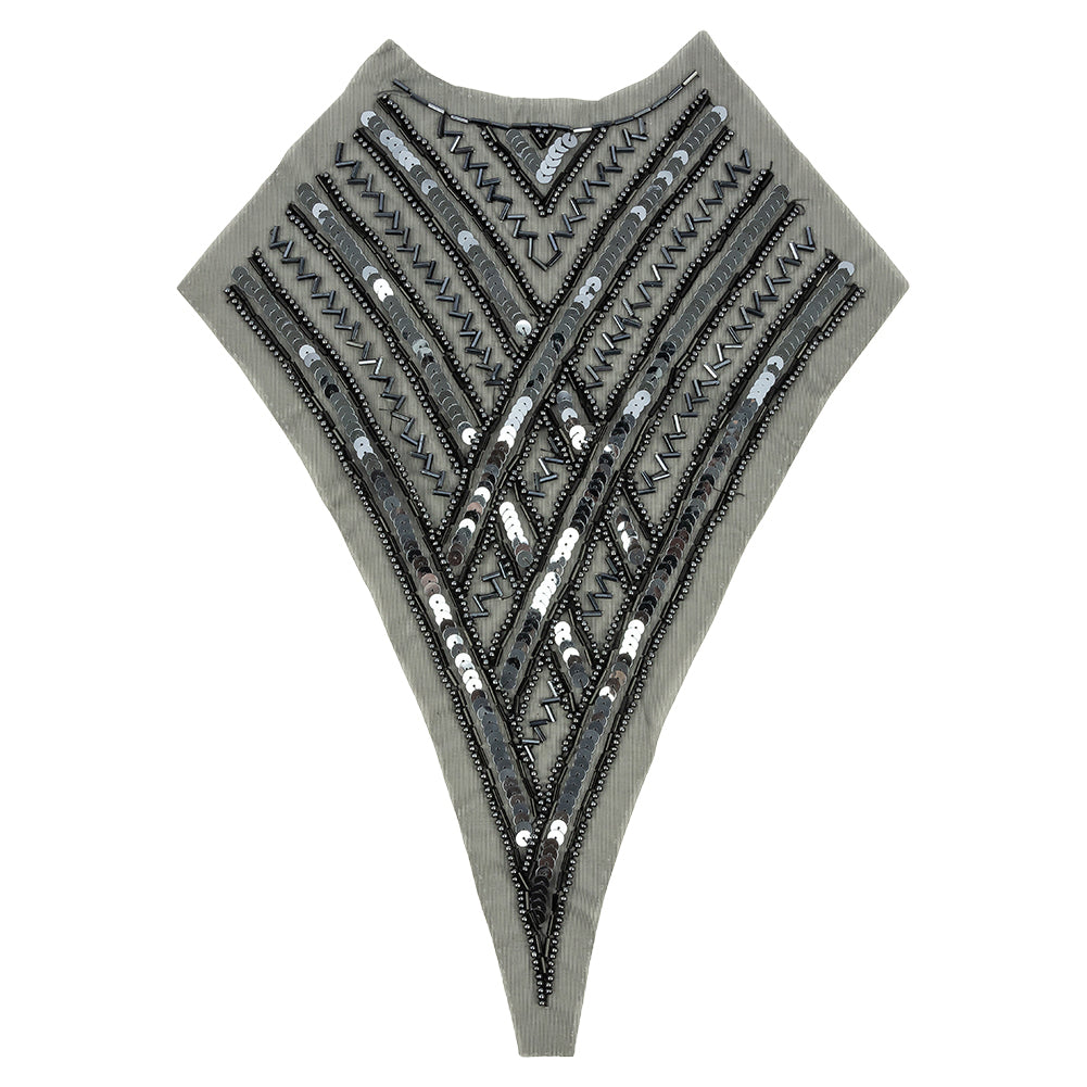 Vintage Black and Gunmetal Sequins and Zig-Zag Bugle Beaded Sheer Panel Applique - 13.5