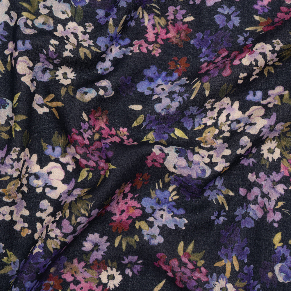 Cotton Crepe - Navy, Magenta and Indigo Little Watercolor Flowers - Mood Exclusive Sonnet for Summer Print - Joann Fabrics