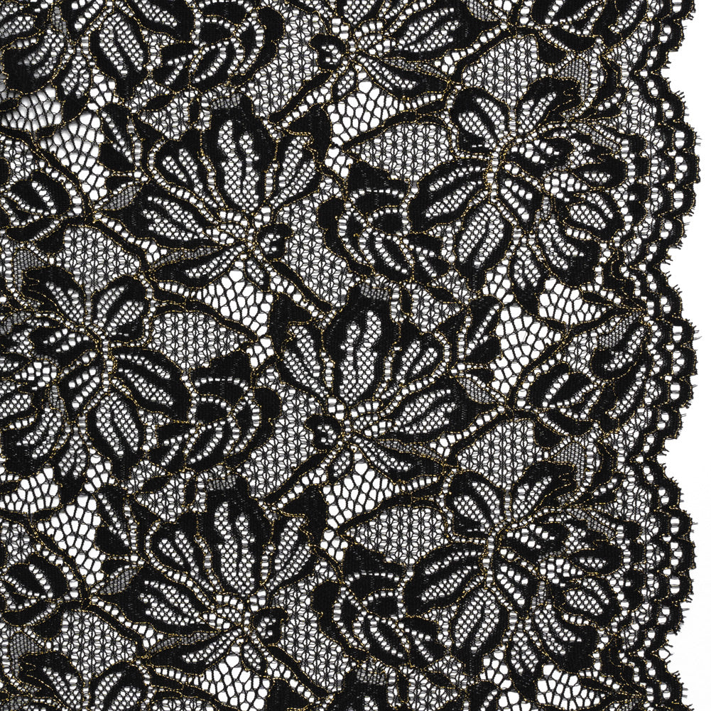 Stretch Metallic Corded Lace with Finished Edges - Black and Gold Tropical Blossoms - Ottilie Collection - Joann Fabrics
