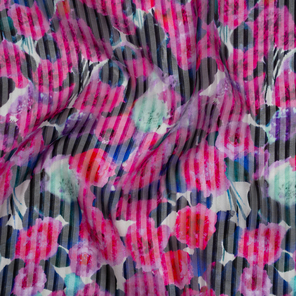 Satin Stripe Silk Dobby Print Made in Italy - Fuchsia, Blue and Dark Teal Painterly Flower Field - Deadstock - Joann Fabrics