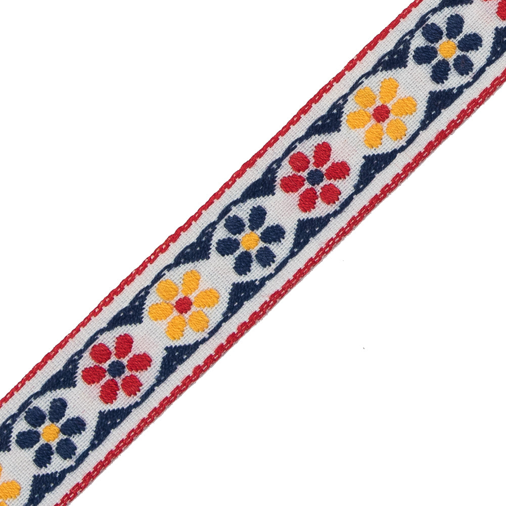 German Blue and Red Floral Jacquard Ribbon - 0.75