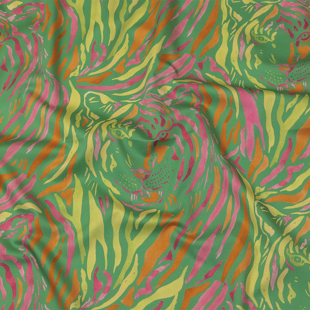 Stretch Cotton Sateen - Green and Pink Tiger Stripes - Rainforest Refreshment Print - Mood Exclusive Citrus Collection - Joann Fabrics