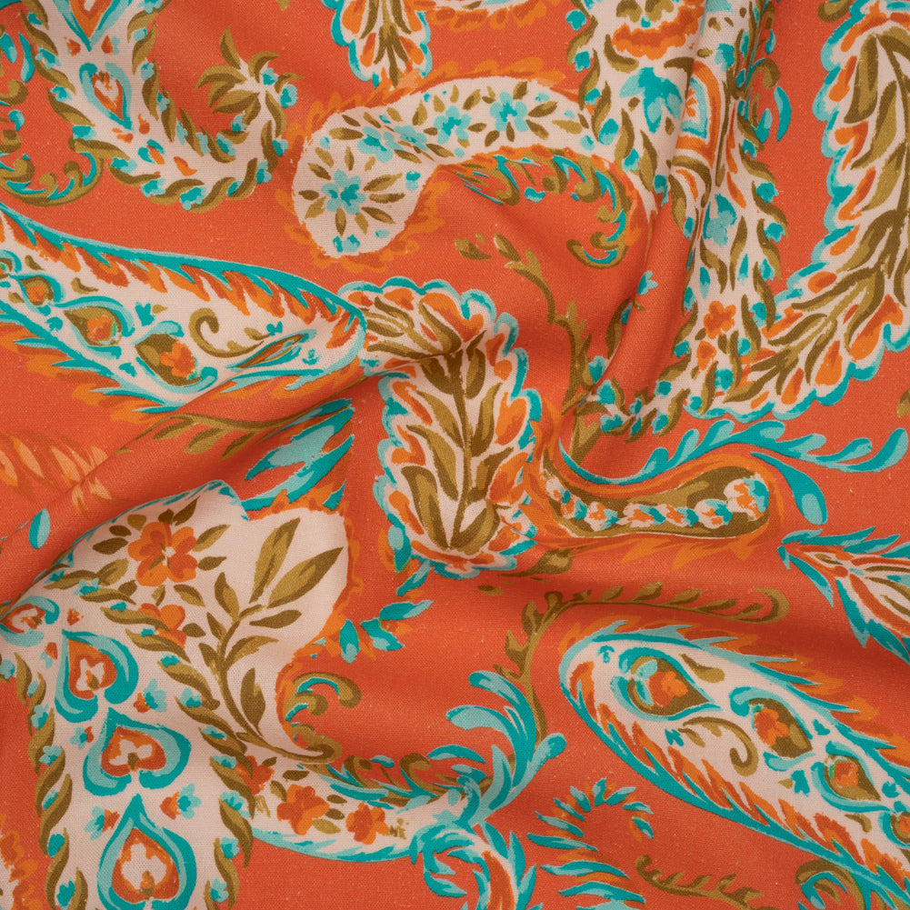 Linen and Rayon Woven - Coral Orange, Turquoise and Olive Green Paisley - Mood Exclusive Fiery Reverie Print - Joann Fabrics