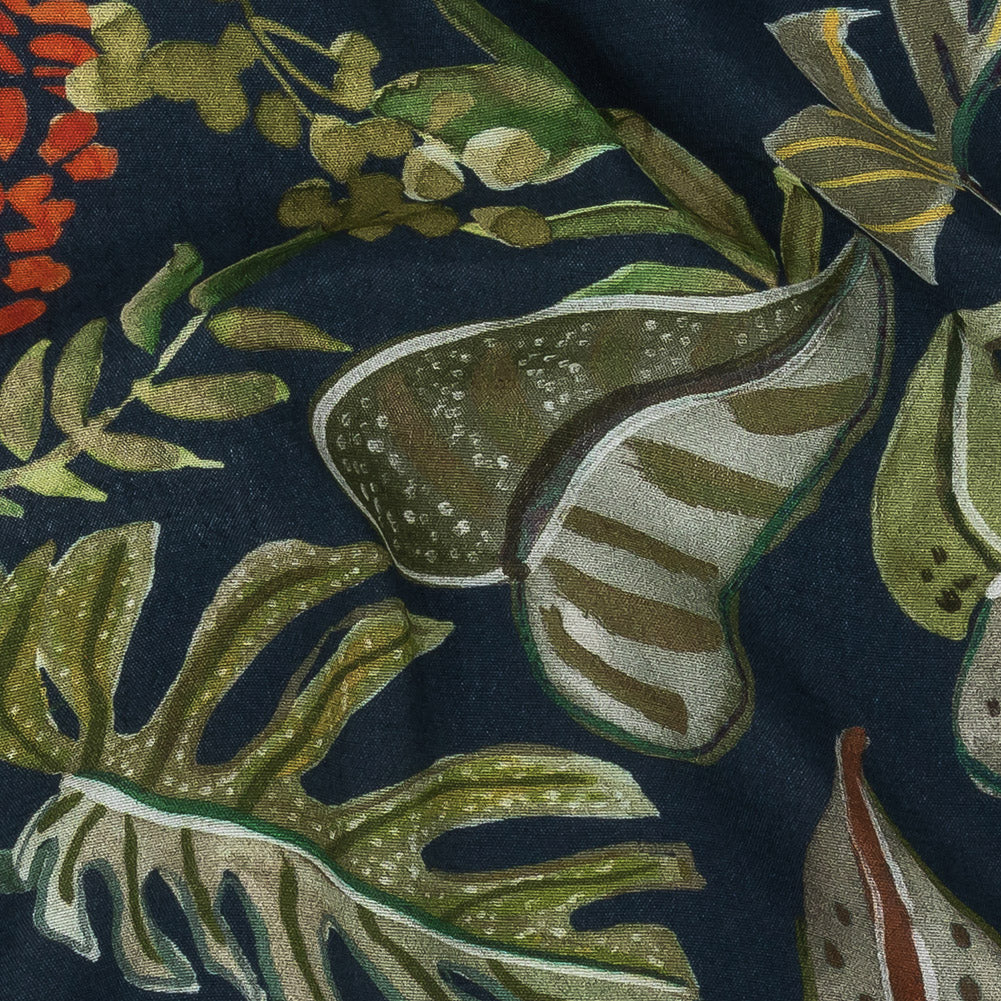 Sustainable Viscose Woven Print - Navy, Green and Red Troplical Leaves and Flowers - Mood Exclusive Subtropic Vegetation - Joann Fabrics