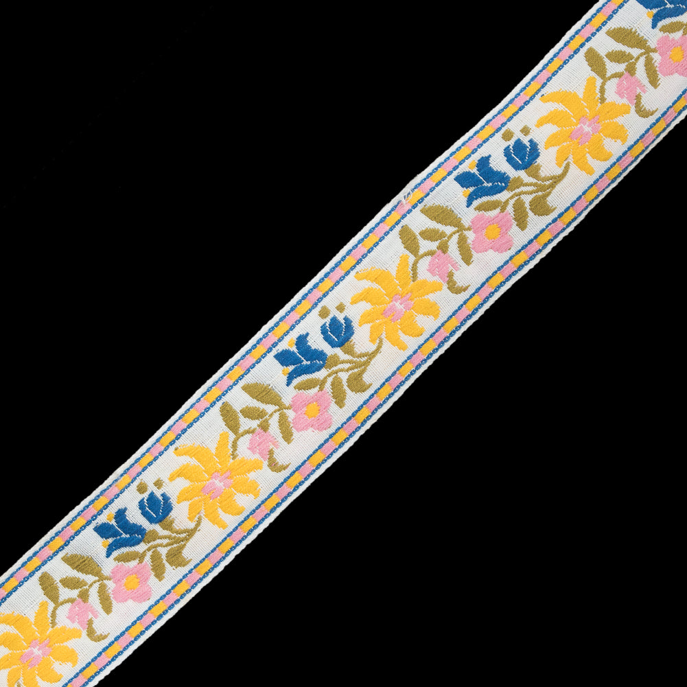 White, Yellow and Pink Floral Jacquard Ribbon - 1.625