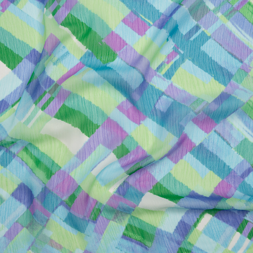 Crinkled Polyester Chiffon Print - Blue, Lime Green and Purple Painted Plaid - Designer Deadstock - Joann Fabrics