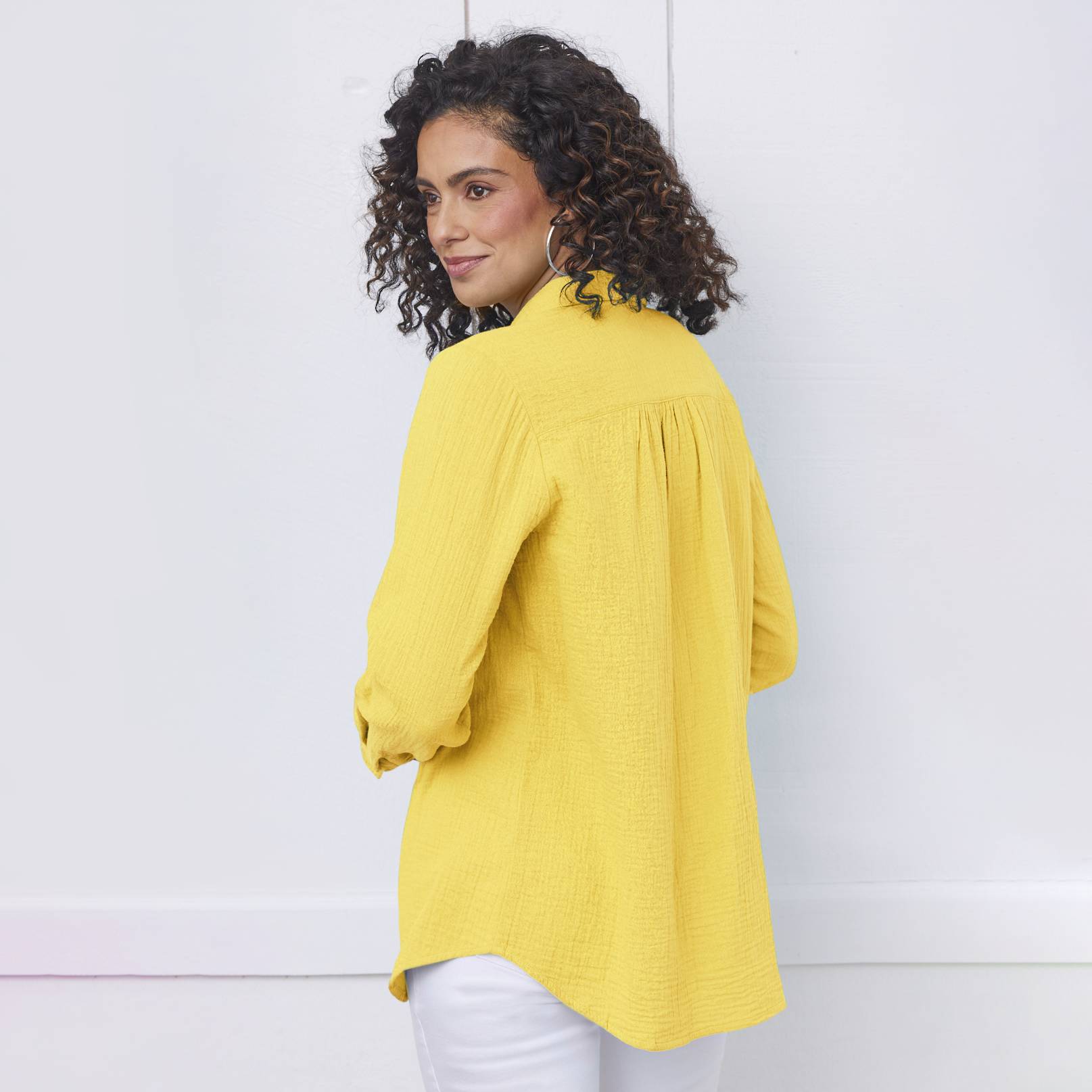 Button-Front Cotton Gauze Tunic, Collared V-Neck, Back Yoke - Northstyle Catalog